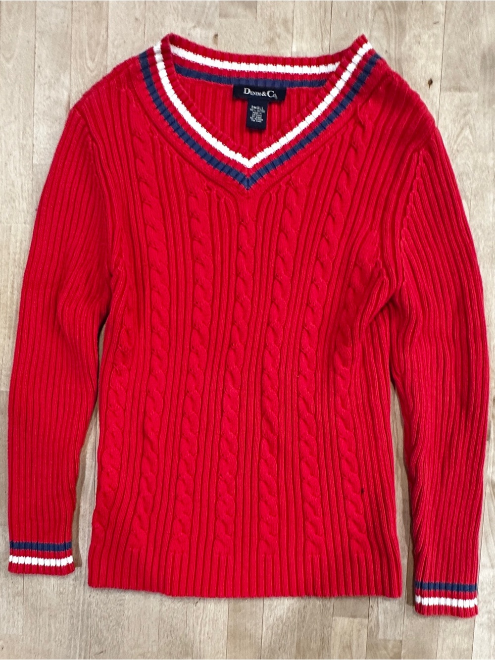 Denim & Co Red Cable-Knit V-Neck Sweater with Navy & White Trim